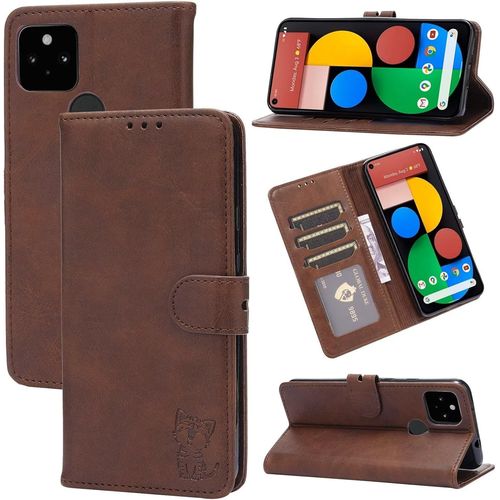 Compatible Con Coque Google Pixel 4a 5g En Cuir Portefeuille Etui Avec Fentes De Cartes, Fonction Support+Film De Protection D?Écran, Flip Case Housse-Marron