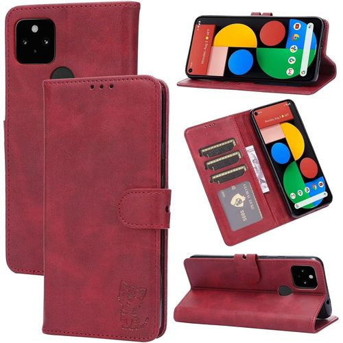 Compatible Con Coque Google Pixel 4a 5g En Cuir Portefeuille Etui Avec Fentes De Cartes, Fonction Support+Film De Protection D?Écran, Flip Case Housse-Rouge