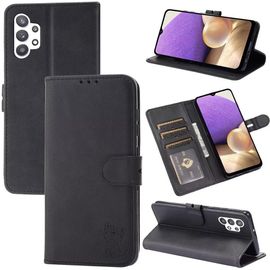 Compatible Con Coque Samsung Galaxy A32 4g En Cuir Portefeuille Etui Avec Fentes De Cartes, Fonction Support+Film De Protection D?Écran, Flip Case Housse-Noir
