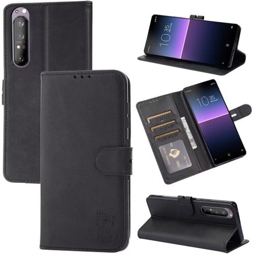 Compatible Con Coque Sony Xperia 5 Iii En Cuir Portefeuille Etui Avec Fentes De Cartes, Fonction Support+Film De Protection D?Écran, Flip Case Housse-Noir