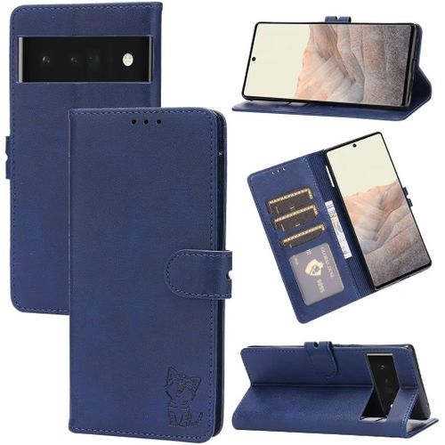 Compatible Con Coque Google Pixel 7 En Cuir Portefeuille Etui Avec Fentes De Cartes, Fonction Support+Film De Protection D?Écran, Flip Case Housse-Bleu
