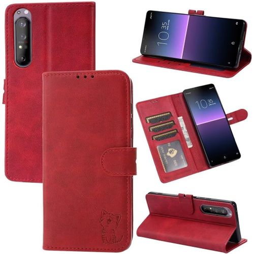 Compatible Con Coque Sony Xperia 5 Iii En Cuir Portefeuille Etui Avec Fentes De Cartes, Fonction Support+Film De Protection D?Écran, Flip Case Housse-Rouge