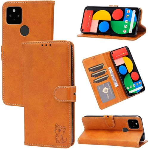 Compatible Con Coque Google Pixel 4a 5g En Cuir Portefeuille Etui Avec Fentes De Cartes, Fonction Support+Film De Protection D?Écran, Flip Case Housse-Jaune