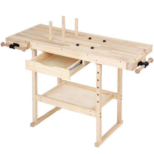 Établi d'atelier en bois de pin avec tiroir et étagère charge max 200 kg 127 cm banc table de travail bricolage menuisier Helloshop26 01_0000429