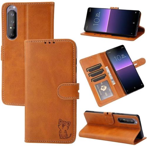 Compatible Con Coque Sony Xperia 5 Iii En Cuir Portefeuille Etui Avec Fentes De Cartes, Fonction Support+Film De Protection D?Écran, Flip Case Housse-Jaune