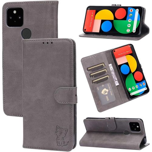 Compatible Con Coque Google Pixel 4a 5g En Cuir Portefeuille Etui Avec Fentes De Cartes, Fonction Support+Film De Protection D?Écran, Flip Case Housse-Gris