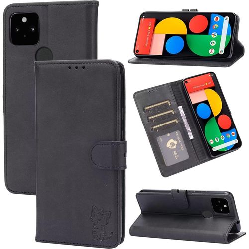 Compatible Con Coque Google Pixel 4a 5g En Cuir Portefeuille Etui Avec Fentes De Cartes, Fonction Support+Film De Protection D?Écran, Flip Case Housse-Noir