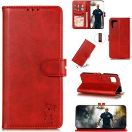 Compatible Con Coque Samsung Galaxy A12 En Cuir Portefeuille Etui Avec Fentes De Cartes, Fonction Support+Film De Protection D?Écran, Flip Case Housse-Rouge