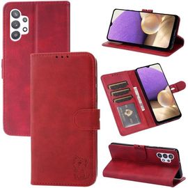 Compatible Con Coque Samsung Galaxy A32 4g En Cuir Portefeuille Etui Avec Fentes De Cartes, Fonction Support+Film De Protection D?Écran, Flip Case Housse-Rouge