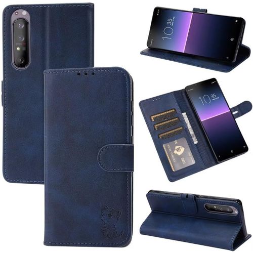 Compatible Con Coque Sony Xperia 5 Iii En Cuir Portefeuille Etui Avec Fentes De Cartes, Fonction Support+Film De Protection D?Écran, Flip Case Housse-Bleu