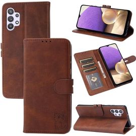 Compatible Con Coque Samsung Galaxy A32 4g En Cuir Portefeuille Etui Avec Fentes De Cartes, Fonction Support+Film De Protection D?Écran, Flip Case Housse-Marron