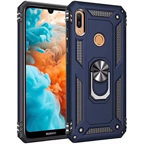 Coque Huawei Y6 Pro 2019 Avec Aimant Anneau Support, 360° Double Couche Renforcée Défense Bumper Antichoc Armure Housse Etui Avec Protection Écran Pour Huawei Y6 Pro 2019, Bleu