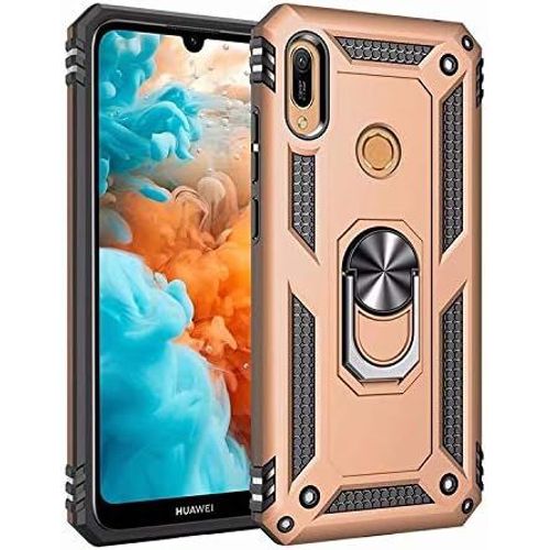 Coque Huawei Y6 Pro 2019 Avec Aimant Anneau Support, 360° Double Couche Renforcée Défense Bumper Antichoc Armure Housse Etui Avec Protection Écran Pour Huawei Y6 Pro 2019, Or
