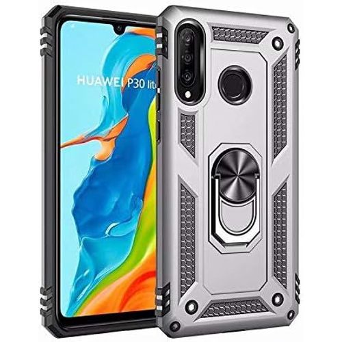 Coque Huawei P30 Lite Avec Aimant Anneau Support, 360° Double Couche Renforcée Défense Bumper Antichoc Armure Housse Etui Avec Protection Écran Pour Huawei P30 Lite, Argent