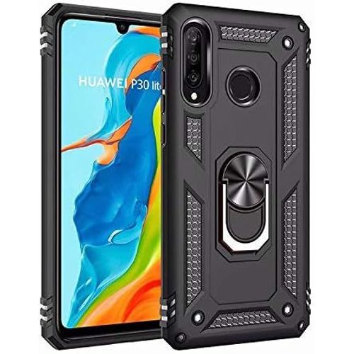 Coque Huawei P30 Lite Avec Aimant Anneau Support, 360° Double Couche Renforcée Défense Bumper Antichoc Armure Housse Etui Avec Protection Écran Pour Huawei P30 Lite, Noir