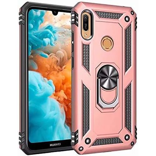 Coque Huawei Y6 Pro 2019 Avec Aimant Anneau Support, 360° Double Couche Renforcée Défense Bumper Antichoc Armure Housse Etui Avec Protection Écran Pour Huawei Y6 Pro 2019, Or Rose
