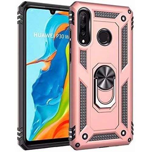 Coque Huawei P30 Lite Avec Aimant Anneau Support, 360° Double Couche Renforcée Défense Bumper Antichoc Armure Housse Etui Avec Protection Écran Pour Huawei P30 Lite, Or Rose