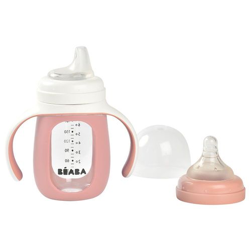 Beaba. Biberon Verre D'apprentissage 2 En 1 210 Ml + Housse Silicone - Old Pink