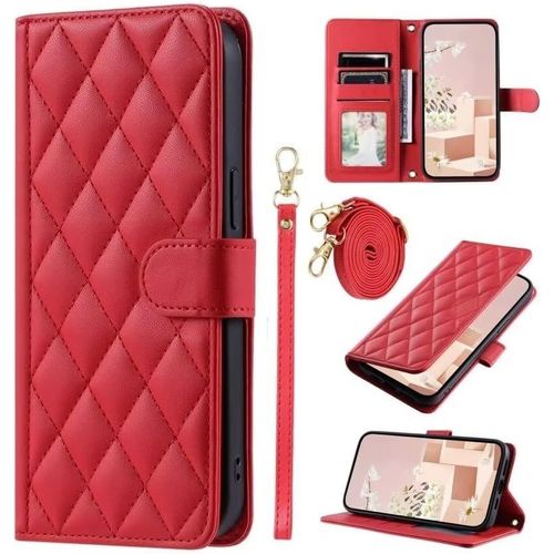 Compatible Avec Iphone 14 Pro Coque Cuir Portefeuille Etui Folio Magnetique Housse Stand Antichoc Avec Fentes De Cartes Support Fonction-Rouge