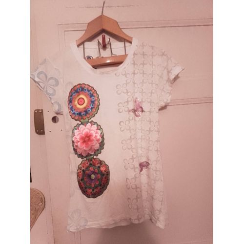 Tee-Shirt Blanc Motifs Colorés 38 M Desigual.