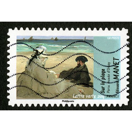 Timbre Oblitéré Édouard Manet,Sur La Plage,Paris,Musée D'orsay,France,La Poste,Lettre Verte 20g