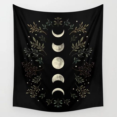 Deco Mural Decoration Chambre Femme Decoration Mural Tapisserie Murale Suspendue Vintage En Forme De Phase De Lune, Tapisserie Noire En Feuilles D'olivier Vert Mooonlight, Décoration Murale Pour La Ma