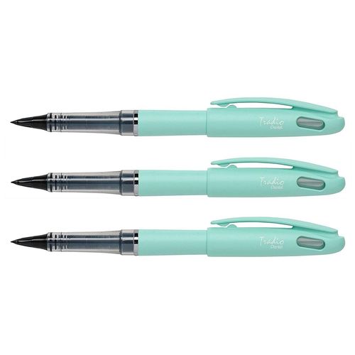 Pentel Lot De 3 Feutres Plume Tradio Trj97 Encre Noire Corps Pastel Vert Bourgeon