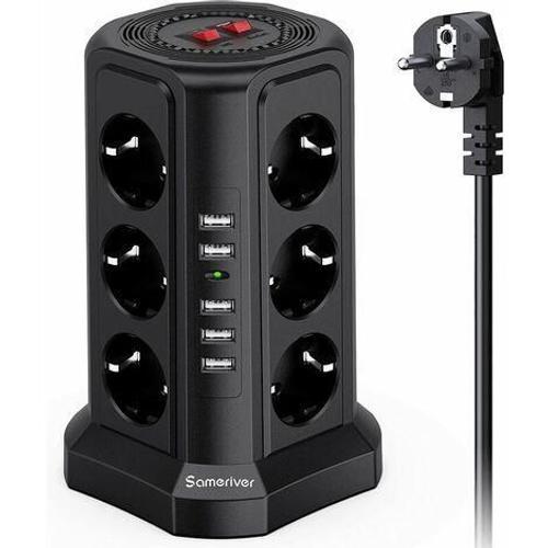 Multiprise tour, multiprise avec 12 prises et 5 ports USB (2500 W/10 A), multiprise de protection contre la foudre avec câble de 5 m et 2 interrupteurs, protection contre les surcharges Cisea