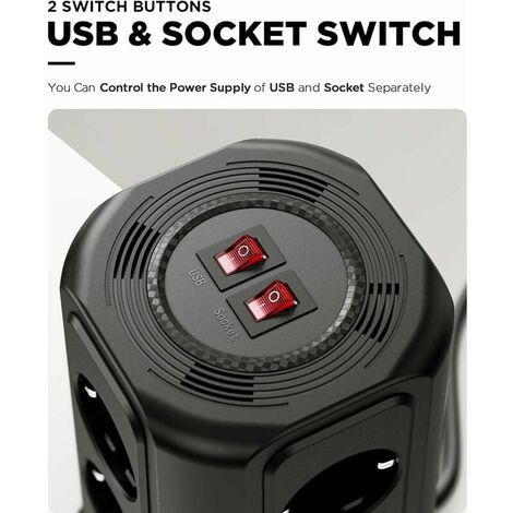 Multiprise tour, multiprise avec 12 prises et 5 ports USB (2... - 5