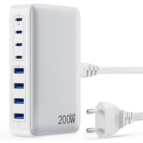 200W Chargeur Usb C, Chargeur Rapide Avec Gan Iii Tech, 8 Ports Pd Qc Pps Prise Multiple, 65W Adaptateur Chargeur Laptop Compatible Avec Macbook Pro/Air Laptop, Iphone, Ipad Pro, Galaxy, Steamdeck