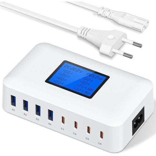 200W Chargeur USB C Multiple,8 Ports USB C Chargeur Rapide PD 65W,Station de Charge USB avec cran LCD,Adaptateur de Charge pour MacBook,iPad,iPhone 16/15/14/13 Pro/Max Samsung S24/S23-Blanc