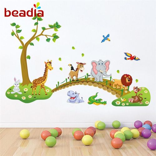 Autocollants Muraux De Dessin Animé 3d, 60x90cm, Arbre De La Jungle, Pont, Lion, Girafe, Éléphant, Oiseaux, Fleurs, Décoration Pour Chambre D'enfants, Jardin D'enfants