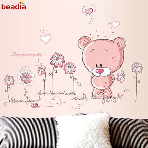 Autocollants Muraux De Dessin Animé Animal Rose Mignon Ours Fleur Bébé Enfants, Décor De Chambre À Coucher, Décoration De Maison Amovible