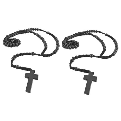 2X Wooden Pendentif Collier Croix Noire Perles Retro 24 Pouces Chapelet ChaîNe Homme, Femme