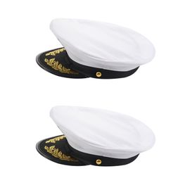 2x Adult Yacht Bateau Capitaine Chapeau Marine Bonnet De Costume Soirée Déguisement Noir Blanc