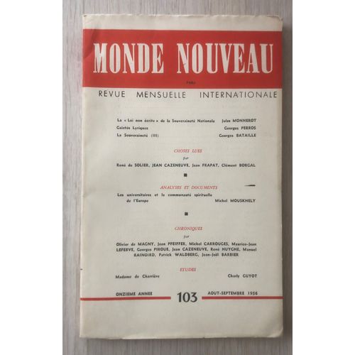 Monde Nouveau Revue Mensuelle Internationale Numéro 103 Aout-Septembre 1956