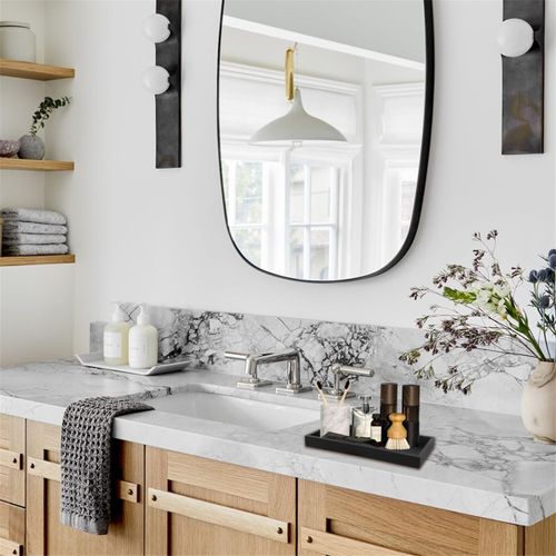 Lot de 2 Plateaux Salle Bain, Plateau Décoratif, Rangement en Silicone Noir, pour Lavabo, Baignoire (Rectangle)