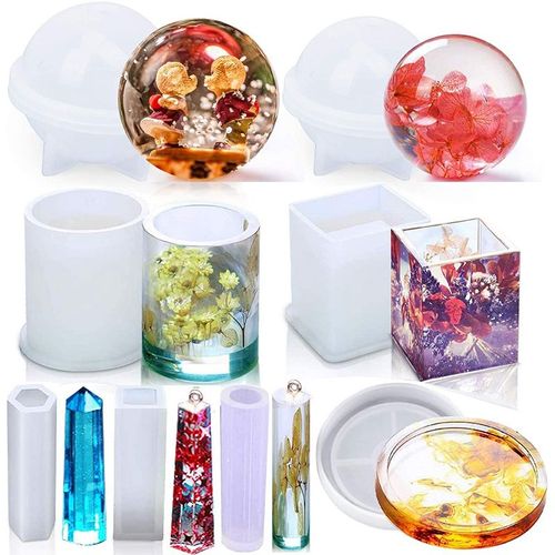 8 Pièces Moules D'art De Moulage Résine Époxy Silicone Incluent Rond, Carré, Sphère, Pendentif, Dessous Verre Pour Bricolage, Pot Fleur