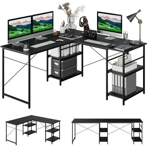 Costway Bureau D'angle - 151 X 151 X 75 Cm - Ajustable À Bureau Droit,4 Etagère De Rangement,Grand Table Pour 2 Personnes Noir