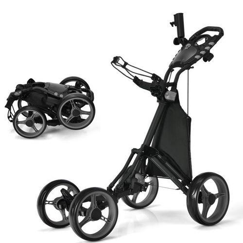 Chariot de Golf 4 Roues Pliable à Pousser ou à Tirer COSTWAY-Sac Imperméable-Frein à Pied-Porte-Parapluie,Poignée Réglable-Aluminium