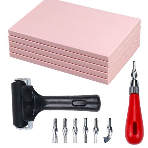 Paquet De 5 Blocs Sculpture Tampons En Caoutchouc Avec Outils Coupe Et Rouleau Brayer Pour La Gravure Plus D'artisanat