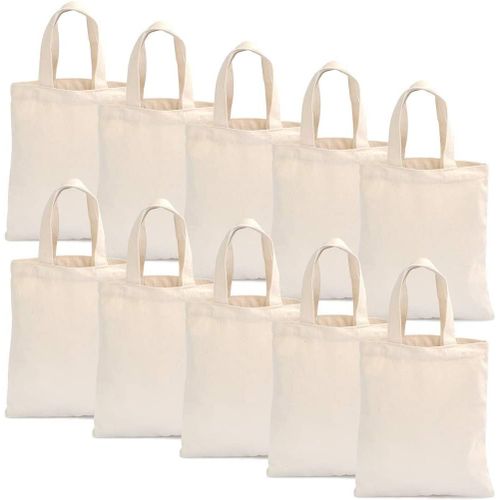 Lot de 10 Sacs en Coton Bio Naturel 23,5 x 26 cm, Tote Bag Coton Uni Lavable,DIY Sac (Beige)