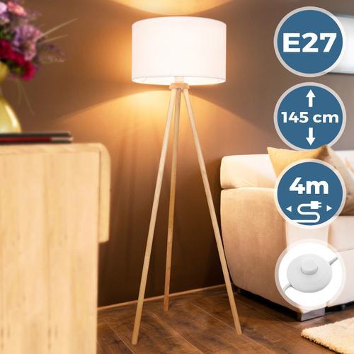 Jago® Lampadaire Trépied - Led, En Bois, Taille 145 Cm, Ø 45 Cm, E27 Max. 60 W, Abat-Jour Blanc, Style Moderne, Scandinave - Luminaire, Lampe Sur Pied Pour Salon