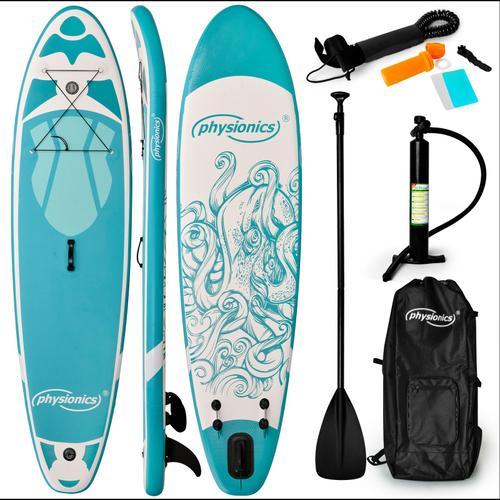 Physionics® Stand Up Paddle Board - Gonflable, 320x80x15 Cm, Pagaie, Sac À Dos, Pompe, Laisse, Ailerons, Turquoise - Planche De Sup