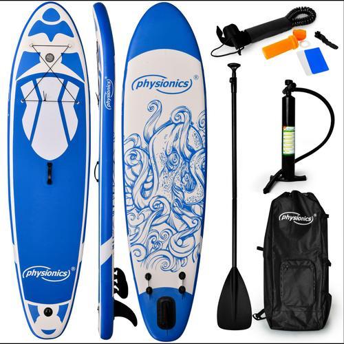 Physionics® Stand Up Paddle Board - Gonflable, 305x76x12 Cm, Pagaie, Sac À Dos, Pompe, Laisse, Ailerons, Bleu - Planche De Sup