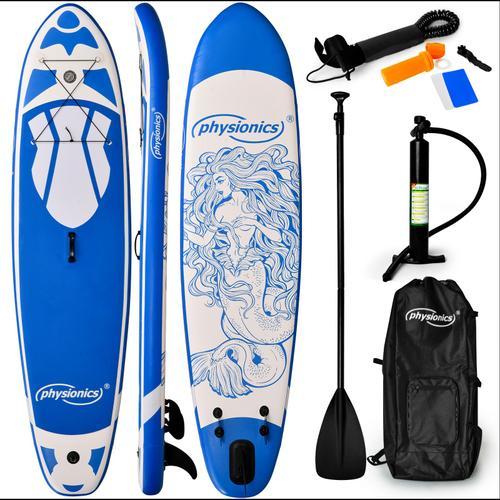 Physionics® Stand Up Paddle Board - Gonflable, 320 X 80 X 15 Cm, Avec Accessoires (Pagaie, Sac À Dos, Pompe, Laisse, Ailerons Et Kit De Réparation), En Bleu, Poseidon - Planche De Su