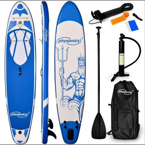 Physionics® Stand Up Paddle Board - Gonflable, 366x80x15 Cm, Pagaie, Sac À Dos, Pompe, Laisse, Ailerons, Bleu - Planche De Sup