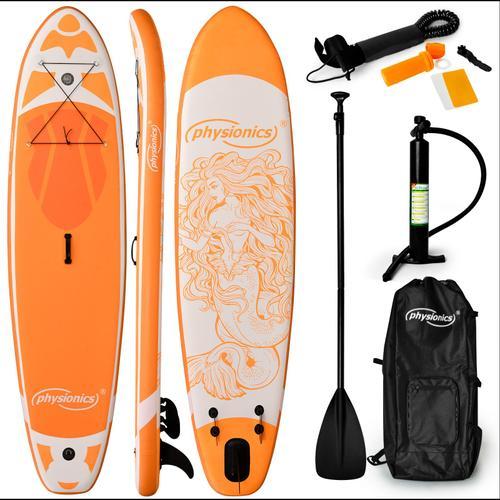 Physionics® Stand Up Paddle Board - Gonflable, 320x80x15 Cm, Pagaie, Sac À Dos, Pompe, Laisse, Ailerons, Orange - Planche De Sup