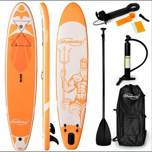 Physionics® Stand Up Paddle Board - Gonflable, 366x80x15 Cm, Pagaie, Sac À Dos, Pompe, Laisse, Ailerons, Orange - Planche De Sup