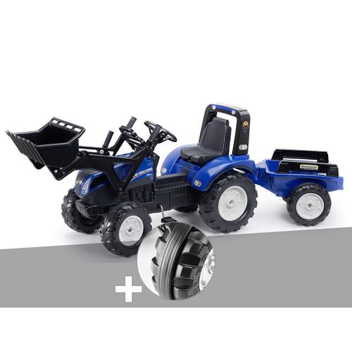 Tractopelle Enfant New Holland 3 ? 7 Ans Falk + Pack 4 Bandes De Roulement Silencieuses